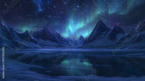 A Spectacular Aurora Borealis Dancer in a Serene Icy Landscape Underneath a Sky Full of Stars