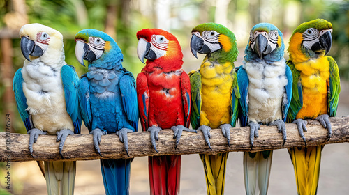 A Vibrant Gathering of Seven Macaws Perched on a Branch in a Tropical Setting During Daylight