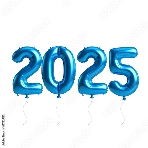 Realistic 3D blue number new year 2025 year shaped balloon isolated on white background 