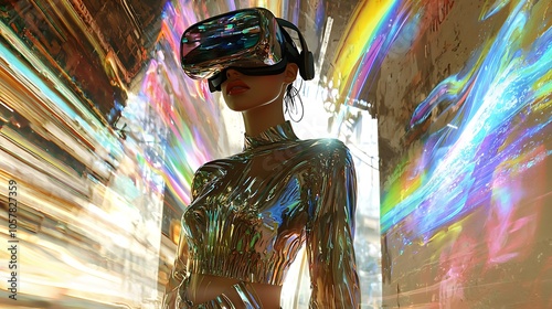 a?? Fusion of fashion and technology: a figure in a glossy outfit and VR headset within a digital environment.