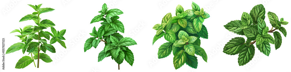 Fresh Green Mint Sprigs Set, Isolated on White Background, Mint Leaves, Green Herbs, Culinary Herb, Herbal Tea, Freshness, Fresh Green Mint Sprigs Set, Isolated on White Background, Mint Leaves, Green Herbs, Culinary Herb, Herbal Tea, Freshness,