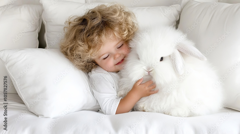 A Joyful Child Cuddling a Fluffy White Rabbit on Soft Pillows in a Cozy Indoor Setting During a Sunny Afternoon A Joyful Child Cuddling a Fluffy White Rabbit on Soft Pillows in a Cozy Indoor Setting During a Sunny Afternoon