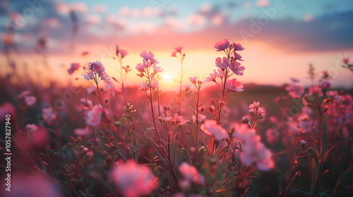 A field of vibrant pink wildflowers glowing under the warm, golden rays of the setting sun. soft, dreamy bokeh effect in the background.