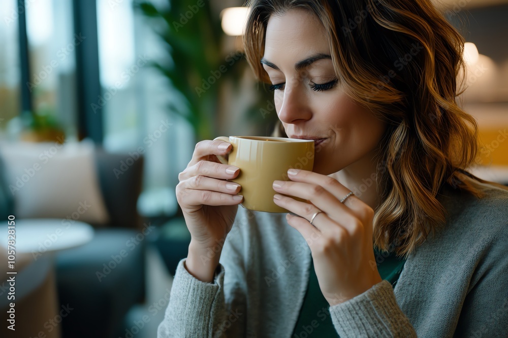 7 Female leader sipping herbal tea in a cozy break room, holding the cup with both hands as she enjoys a calm moment 7 Female leader sipping herbal tea in a cozy break room, holding the cup with both hands as she enjoys a calm moment
