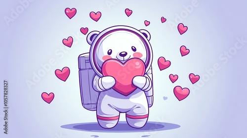 3 Happy chibi bear astronaut hugging a candyshaped heart while more hearts float around it photo