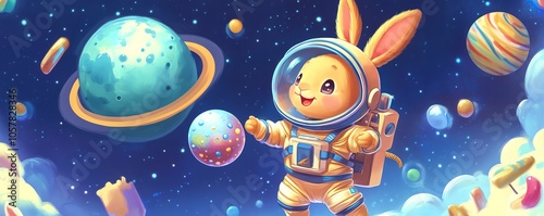 3 Smiling little bunny dressed as an astronaut, holding a candy planet while more orbit around photo