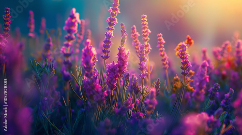 A field of vibrant lavender flowers in the warm glow of a sunset. illuminated by the golden sunlight, creating a tranquil and serene atmosphere.