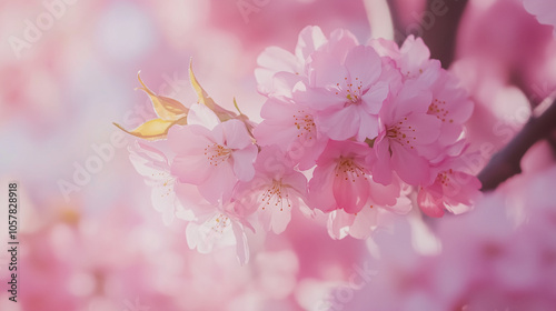 close-up of vibrant pink cherry blossoms in full bloom. soft, dreamy lighting with blurred background.