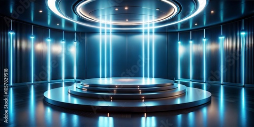 futuristic dark podium light reflection blue glowing lines spotlights background, art innovation technology design