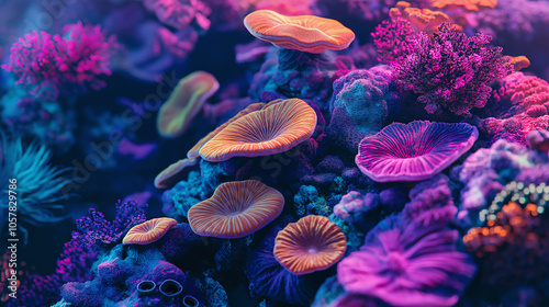 Underwater scene of vibrant colorful corals in a marine environment. Coral structures exhibit intricate textures and rich, saturated hues of mixed colors.