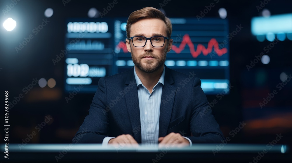 Obraz premium A business reporter in a professional studio setting, reading from a teleprompter with charts and economic data displayed on screens behind them.