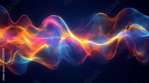 A vibrant abstract image depicting colorful, dynamic waves in motion, showcasing a spectrum of bright hues creating an ethereal visual effect against a dark background.