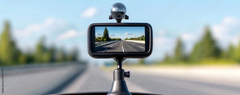 A car GPS in a dashboard setting, showing a highway view with lane guidance and exit alerts displayed clearly on the screen. A car GPS in a dashboard setting, showing a highway view with lane guidance and exit alerts displayed clearly on the screen.
