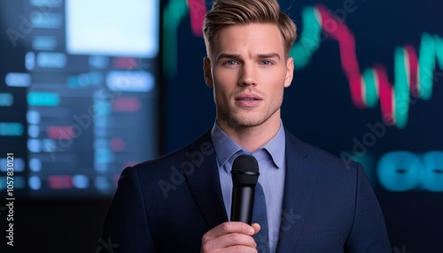 A business reporter standing in front of a newsroom backdrop, holding a microphone and reporting live about stock market trends. photo