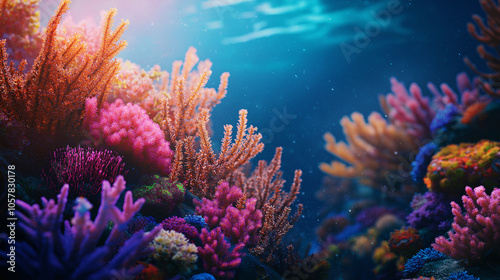 Underwater scene of vibrant colorful corals in a marine environment. Coral structures exhibit intricate textures and rich, saturated hues of mixed colors.