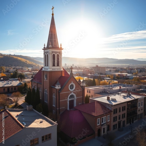 Watsonville california usa - january 1 2023: sun shines on a historic church and surrounding city of downtown watsonville Condominium Ultra realistic Photorealistic  photo