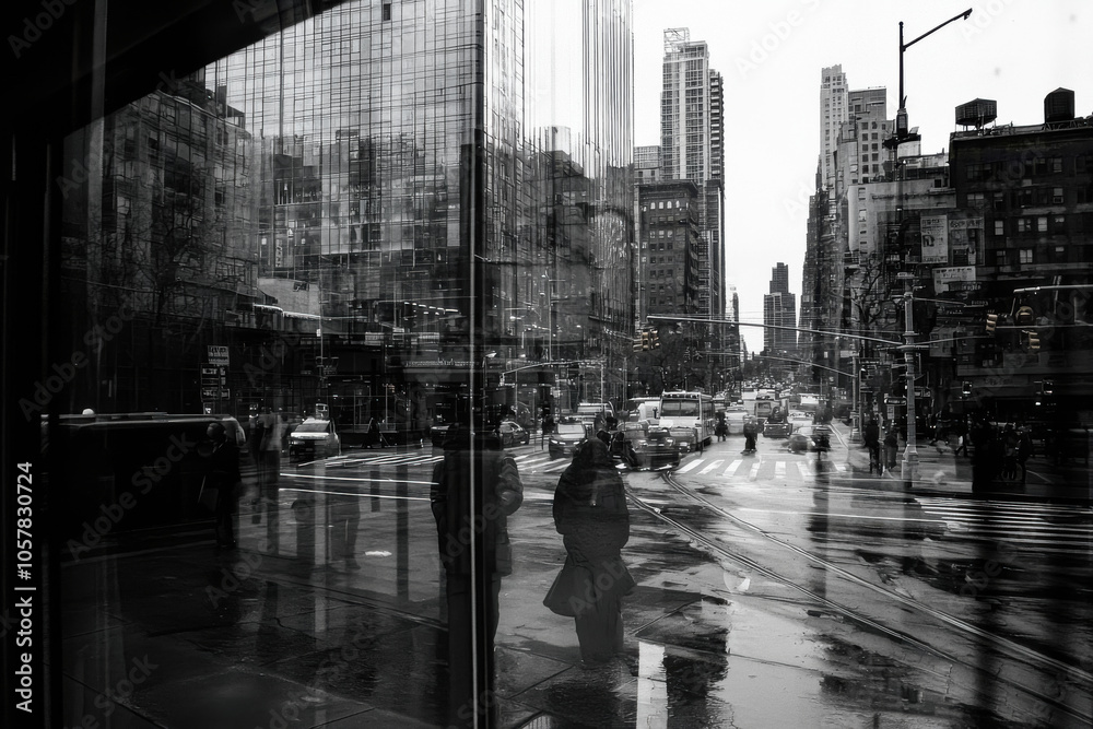 Reflective Monochrome Cityscape on a Rainy Day. A grayscale reflection of an urban street scene on a rainy day, with people and vehicles seen through glass, creating a moody effect.
Reflective Monochrome Cityscape on a Rainy Day. A grayscale reflection of an urban street scene on a rainy day, with people and vehicles seen through glass, creating a moody effect.