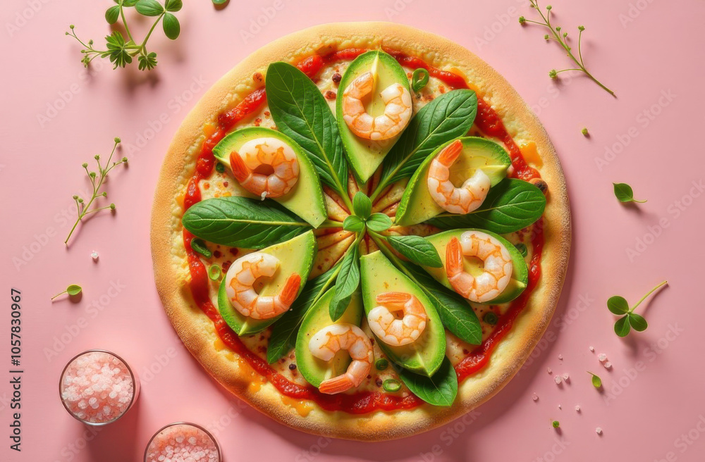 A vibrant pizza topped with succulent shrimp and creamy avocado slices, complemented by fresh greens, all set against a soft pink background creating a delightful culinary aesthetic A vibrant pizza topped with succulent shrimp and creamy avocado slices, complemented by fresh greens, all set against a soft pink background creating a delightful culinary aesthetic