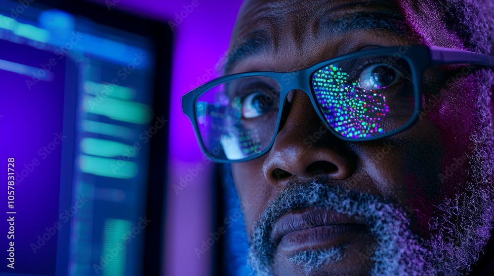 A close-up of an elderly African developer wearing glasses, focused on multiple computer monitors displaying programming code and data. A close-up of an elderly African developer wearing glasses, focused on multiple computer monitors displaying programming code and data.