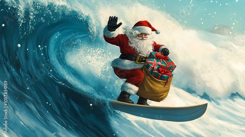 santa claus surfing on the wave delivering gifts