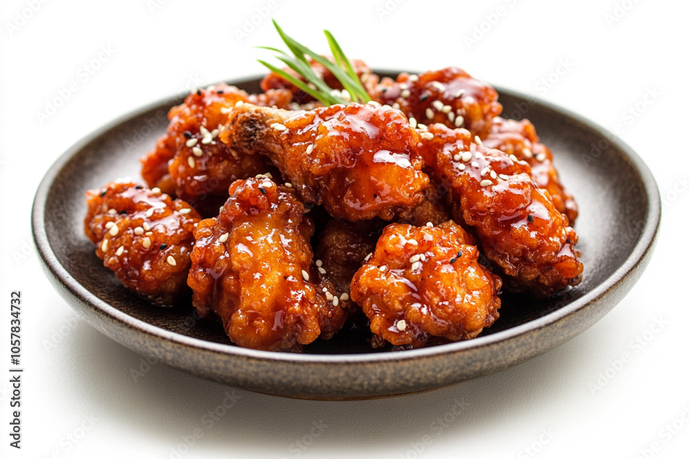 A plate of Korean fried chicken wings with sweet and sour sauce, isolated on a white background, A plate of Korean fried chicken wings with sweet and sour sauce, isolated on a white background,