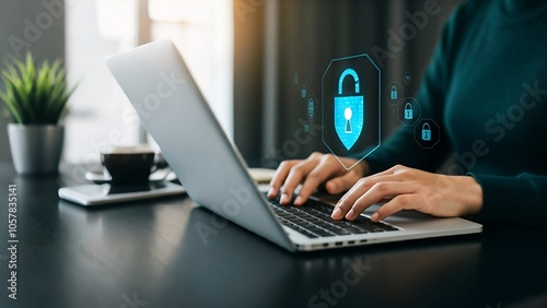 Person typing on a laptop with cybersecurity icons floating near the screen.
