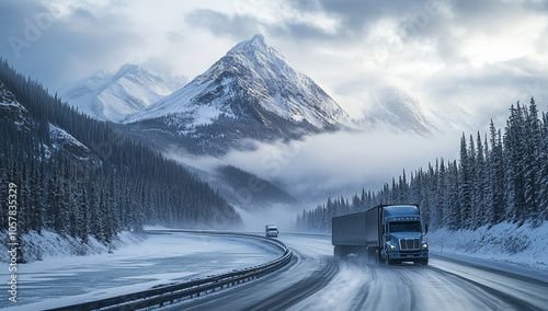 A truck is driving on the highway in winter, with snow-covered mountains and clouds in the background