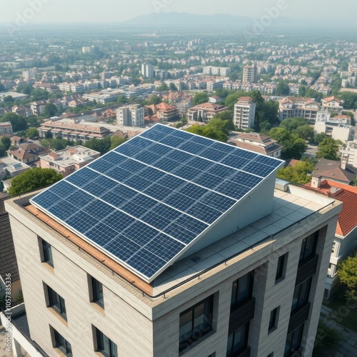 Aerial view of urban cityscape, solar panels on rooftop, modern architecture, sustainable energy, high-rise buildings, city skyline, green technology, photovoltaic installation, urban development, env photo