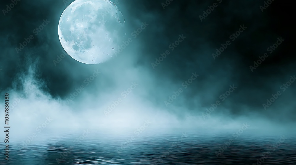 An atmospheric stock photo showcasing a tranquil moonlit night, with the moon glowing brightly and surrounded by a soft mist that adds an ethereal quality to the serene water surface.