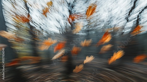 Blurry autumn leaves in flight.