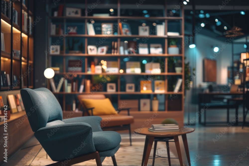 Blurry modern reading room with cozy furniture for family living.