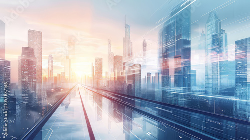 Sunrise in futuristic city skyline banner