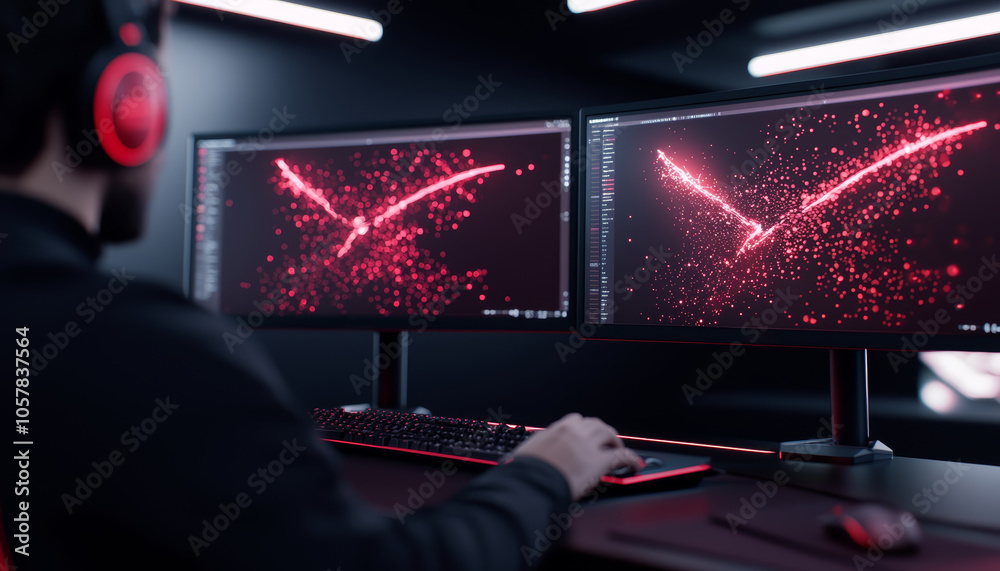 A VFX creator animating a superhero flying sequence, with monitors showing wireframes, light paths, and particle effects to create realistic motion. A VFX creator animating a superhero flying sequence, with monitors showing wireframes, light paths, and particle effects to create realistic motion.