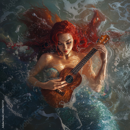 Woman mermaid with ginger hair swimming in the sea and playing small guitar.