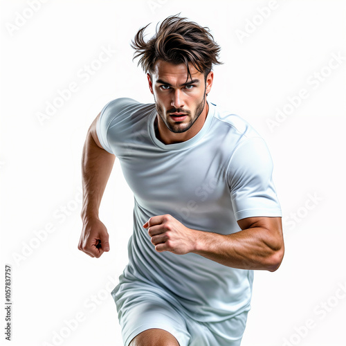 Male soccer player wearing a white jersey running in action pose