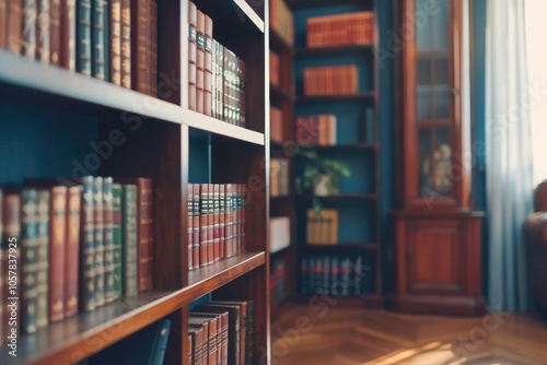 blurred bookshelf in library room for your background design