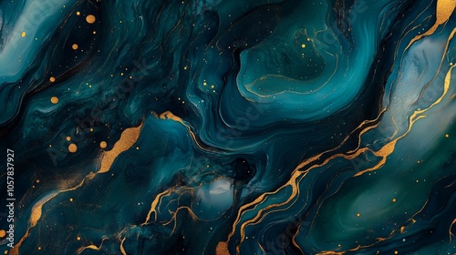 Teal and gold swirls intertwine in a mesmerizing dance, creating a marbled texture that suggests luxury and depth. Abstract yet visually rich artwork. photo