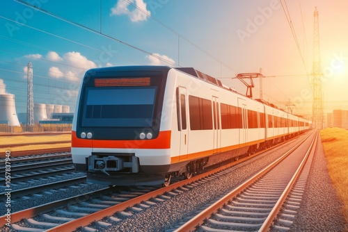 A modern train on railway tracks during sunset.