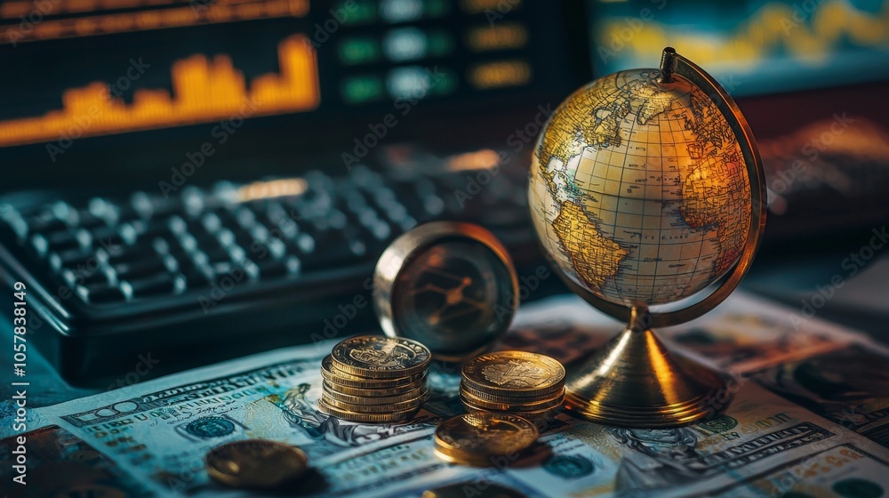 A globe is placed carefully on top of a large pile of money A globe is placed carefully on top of a large pile of money