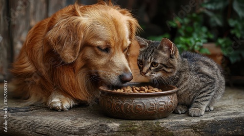 Dog and Cat Sharing Food in a Bowl