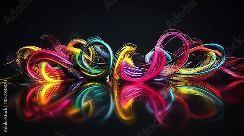 Colorful wire typography art against a dark reflective background.