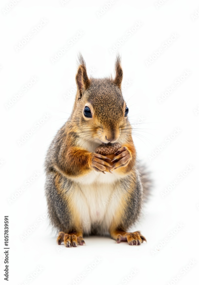 Fototapeta premium Cute squirrel eating nut against white background.