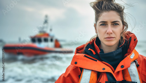 Woman in bright orange jacket, blurred small boat behind, marine paramedic or rescue team member. Generative AI