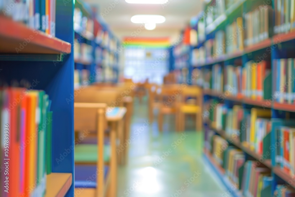 Blurred background of school library with books on shelves. Blurred background of school library with books on shelves.