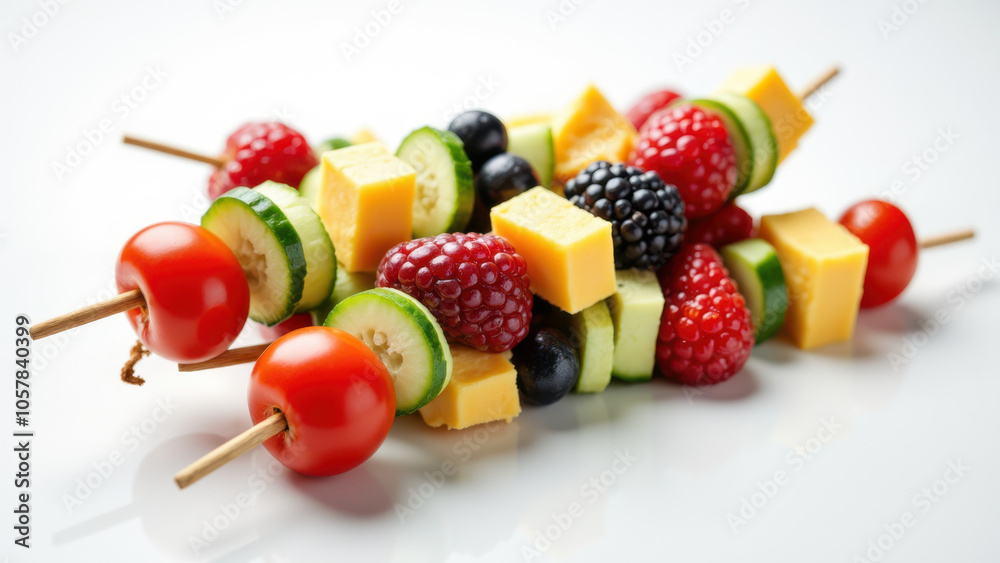 Delicious skewers of fruits and vegetables on a white surface. Delicious skewers of fruits and vegetables on a white surface.