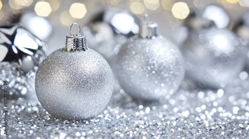 Sparkling Silver Christmas Ornaments on Shimmering Background