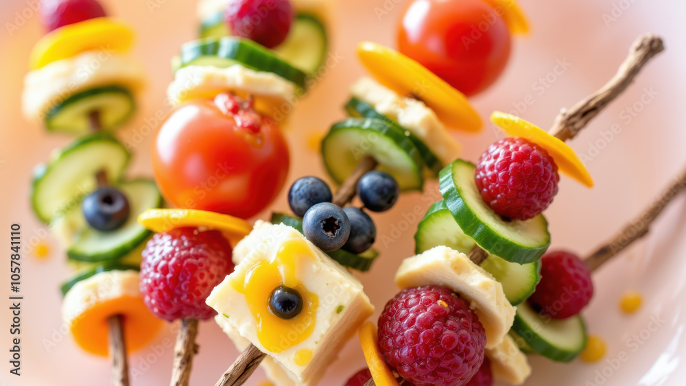 Skewered vegetable and fruit appetizers.