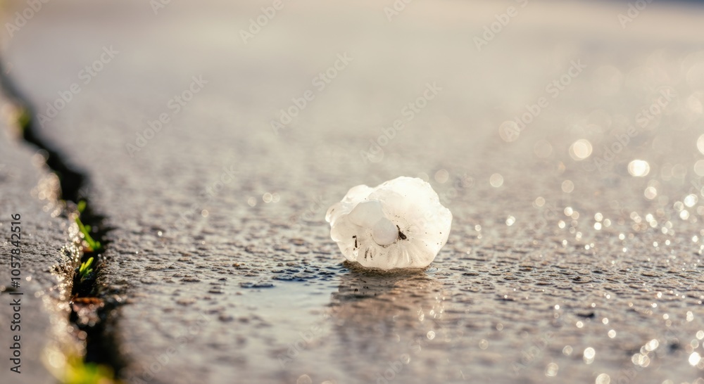 Large hailstone on wet pavement with grass growing through crack at sunrise. Large hailstone on wet pavement with grass growing through crack at sunrise.