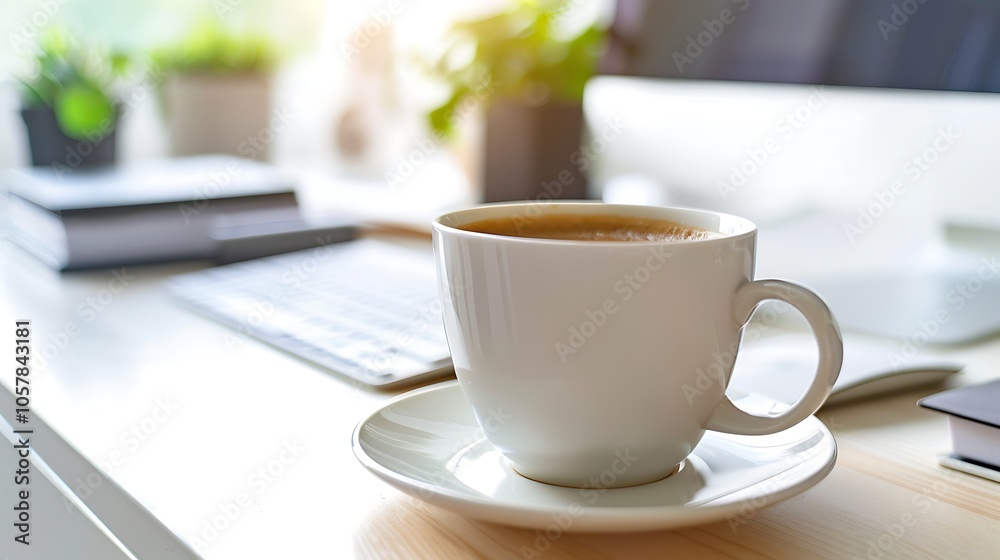 Home Office: Someone working at their desk with a computer, cup of coffee, and office objects Home Office: Someone working at their desk with a computer, cup of coffee, and office objects