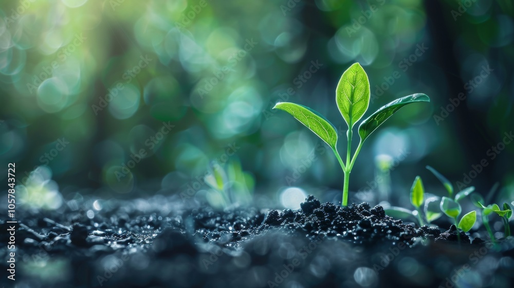 Young plant sprouting in soil with lush background Young plant sprouting in soil with lush background